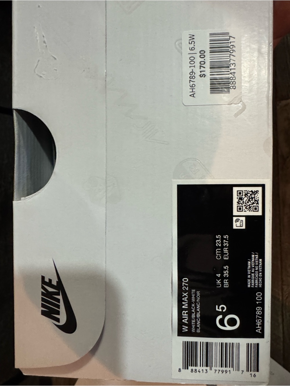 Women's Nike Air Max 270 Athletic Shoes White Black- White Size 6.5 AH6789-100 - Picture 7 of 7